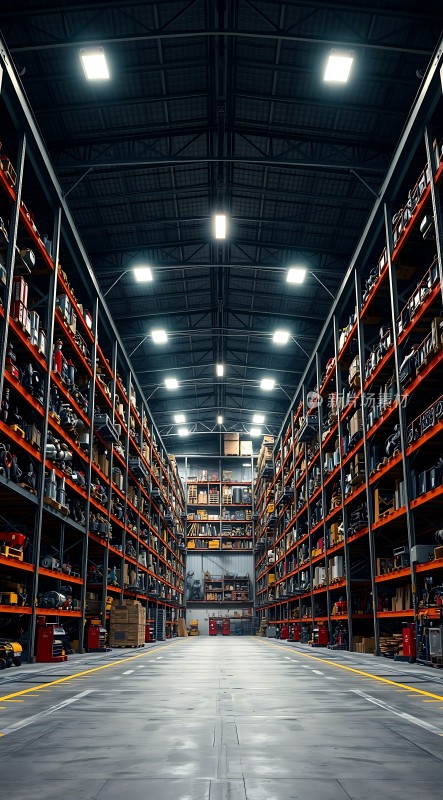 仓库深处灯光下的机械零件世界