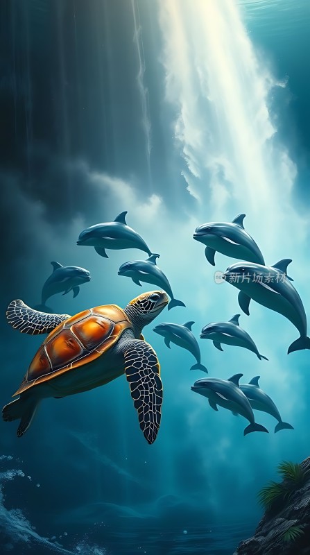 海龟与海豚共舞 underwater