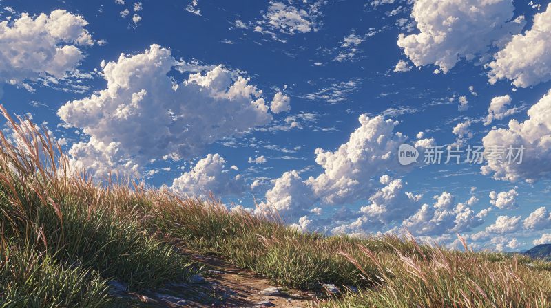 蓝天白云下的草地风景