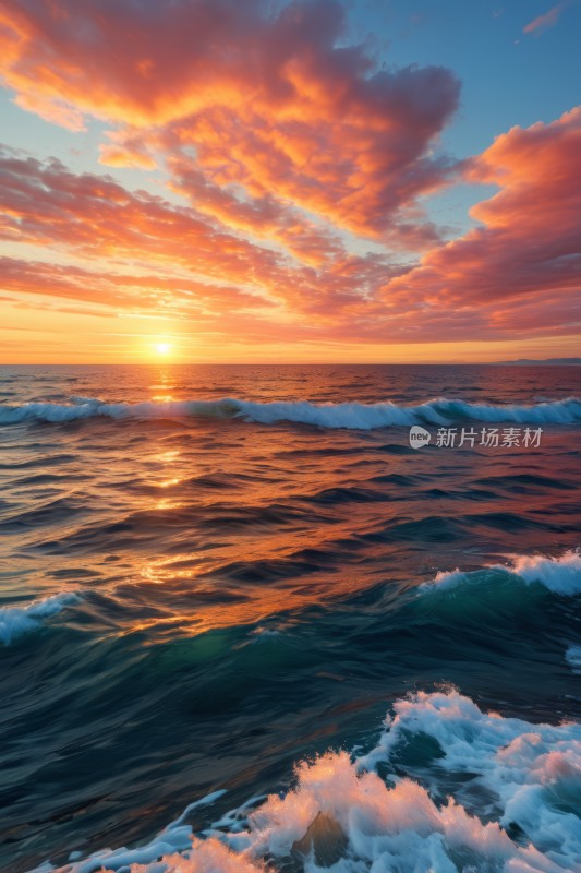 海上的日落海浪拍打着明亮的橙色天空风景