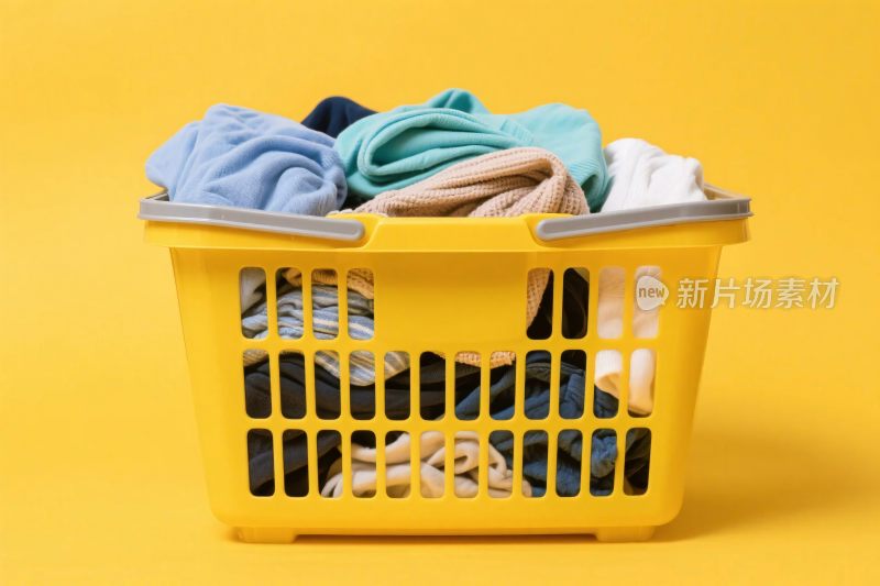 黄色洗衣篮与彩色衣物
