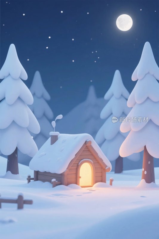 冬季雪夜小屋风景