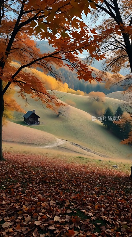 秋日暖阳下的宁静小屋