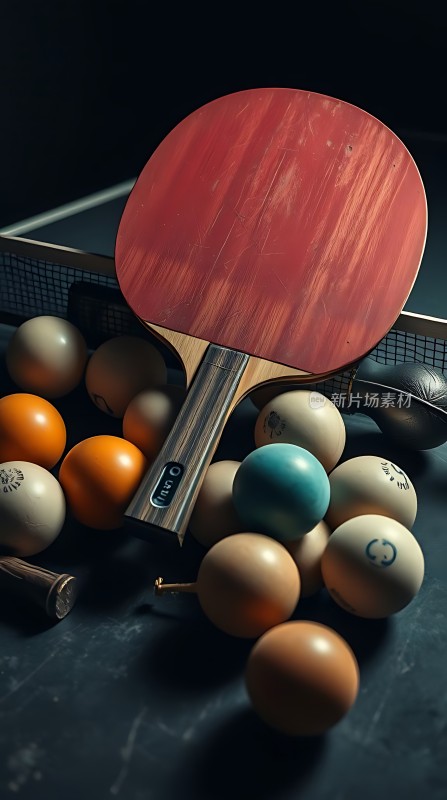 红黑乒乓球拍与多彩乒乓球的组合