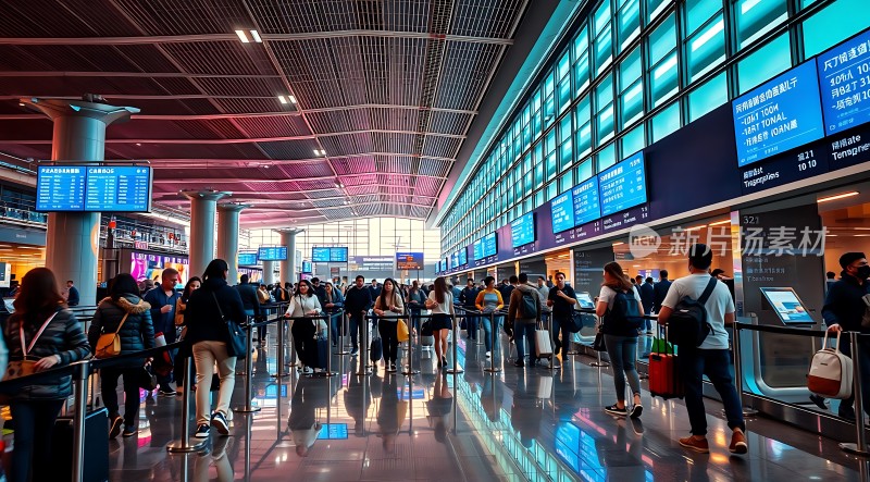 机场候机大厅人潮涌动旅客们排队等待登机