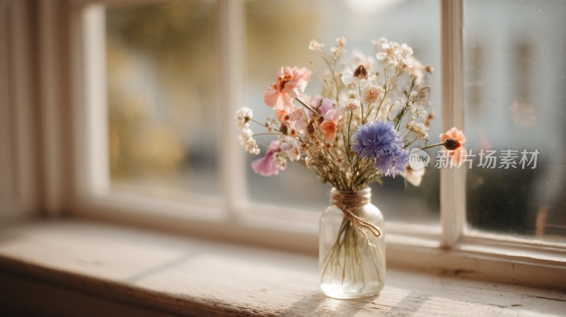 窗边花瓶中的多彩野花