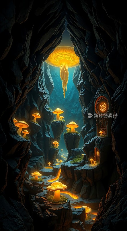 神秘洞穴中的发光蘑菇