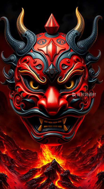 红色恶魔面具与火山熔岩