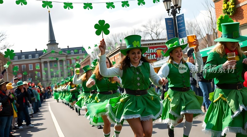 圣帕特里克节游行绿意盎然欢庆节日气氛浓厚