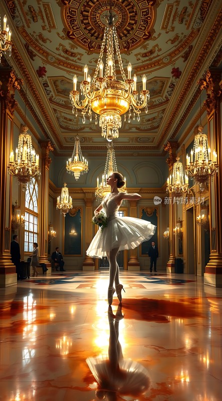 舞者旋转于华丽大厅
