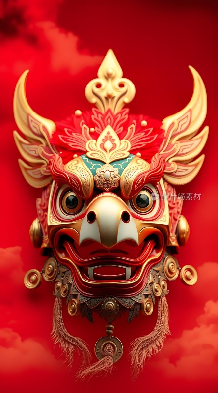 红色舞狮面具