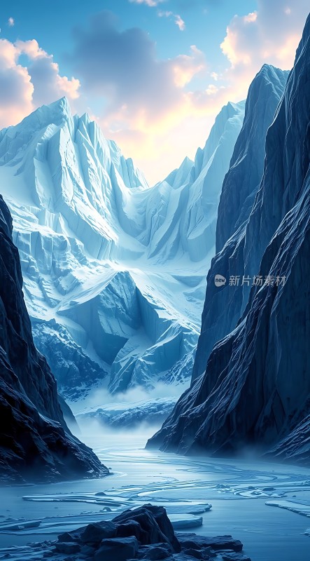 冰封峡谷雪峰耸立云雾缭绕