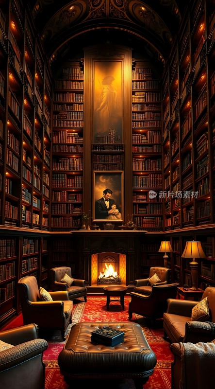 古色古香书房书架、壁炉和油画