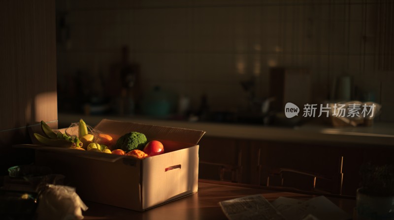 纸箱中的多彩蔬果静物画面