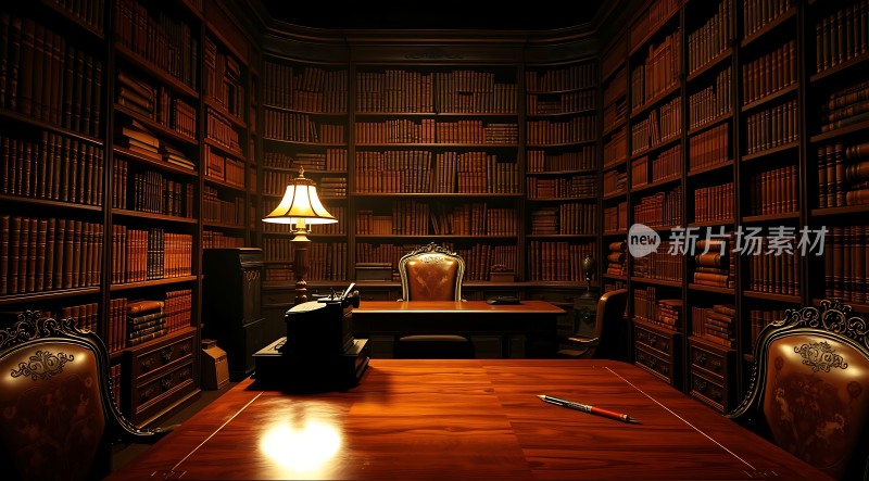 古色古香的书房书架、桌椅和台灯