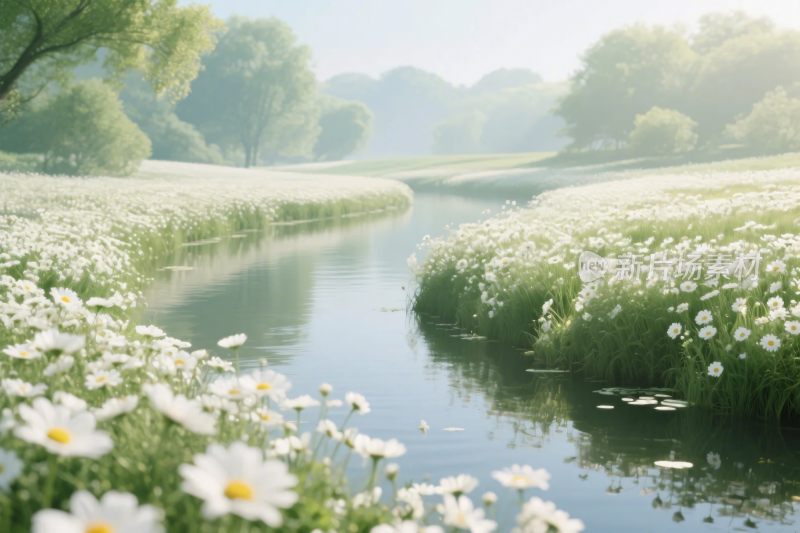 溪流繁花风景图