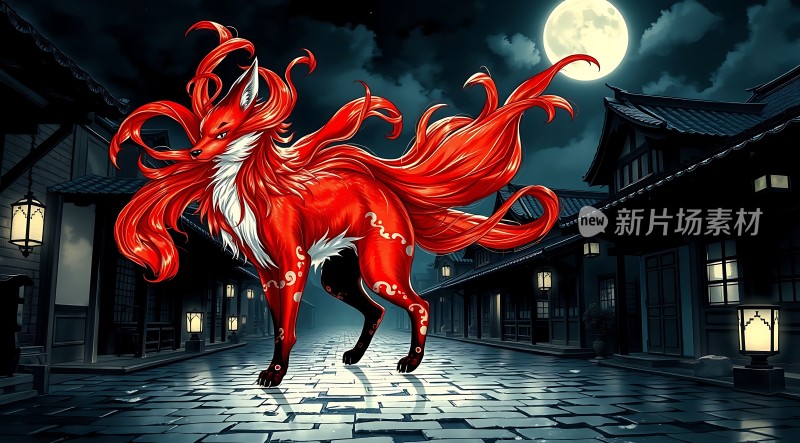 红色狐狸在月光下的古街