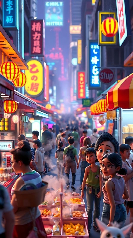 繁华夜市霓虹闪烁热闹非凡