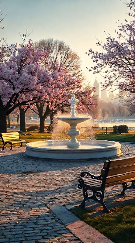 春日公园美景樱花、喷泉与长椅