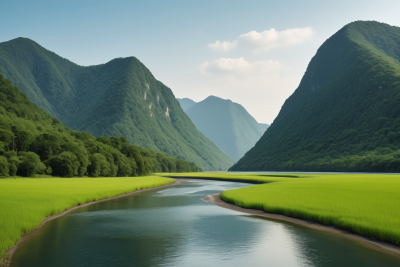 山和山谷中的河流绿草如茵树木繁茂背景图片