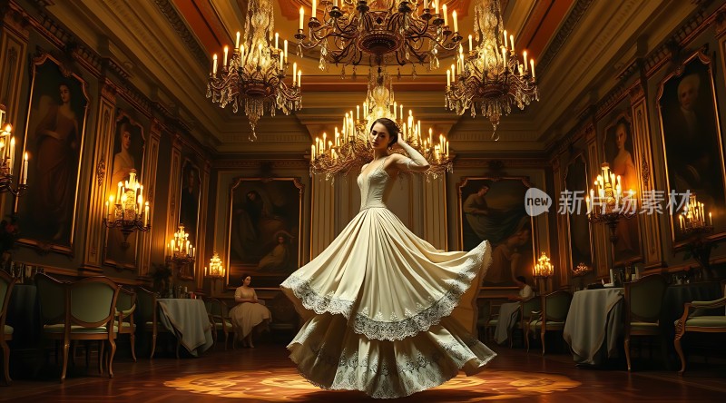 白色舞裙旋转华丽大厅灯光璀璨