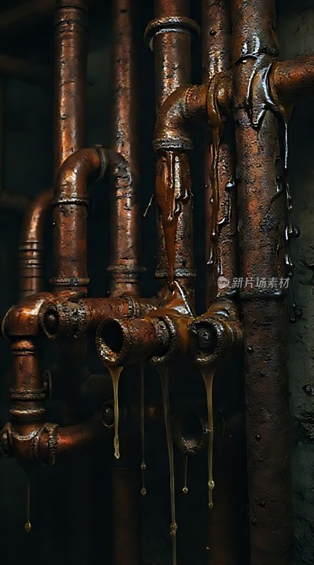 锈迹斑斑的管道液体缓缓流淌