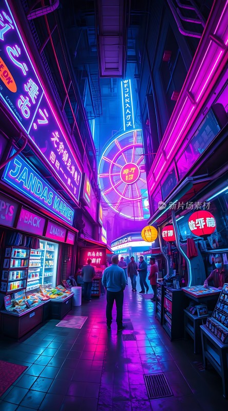 霓虹灯下的繁华夜市