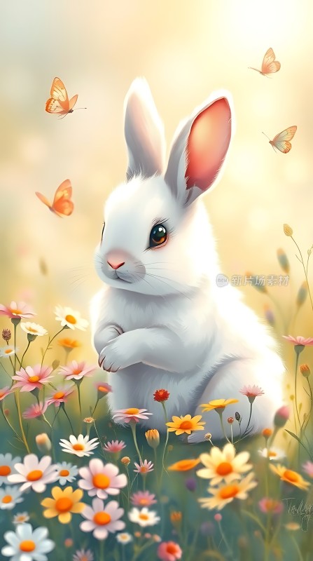 小白兔花丛中嬉戏