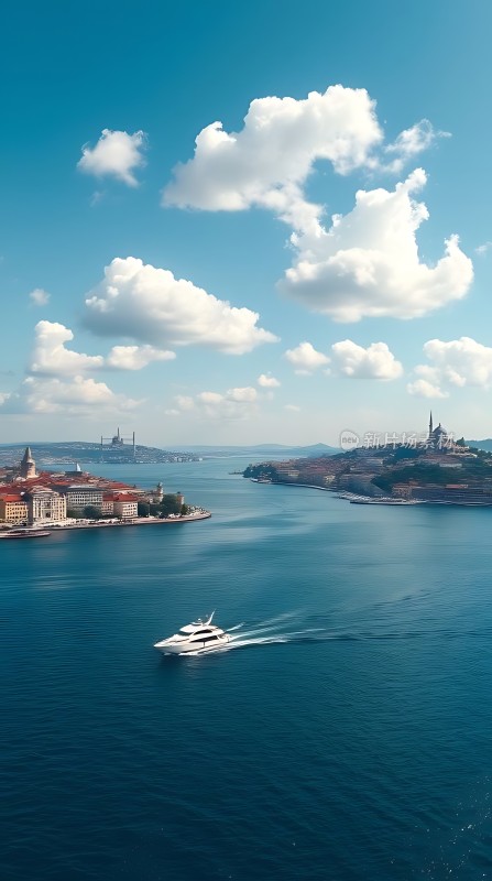 蓝天白云下的白色游艇驶过蓝色海湾