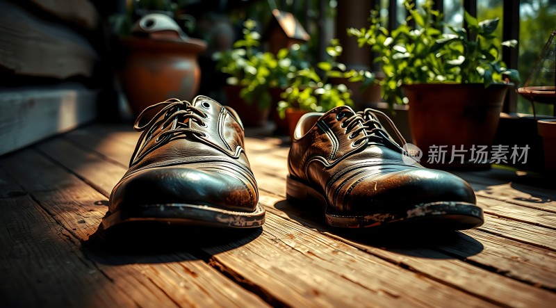 阳光下的旧皮鞋与绿植