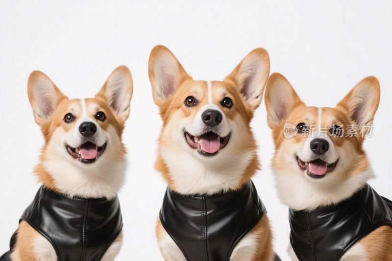 三只柯基犬穿皮衣