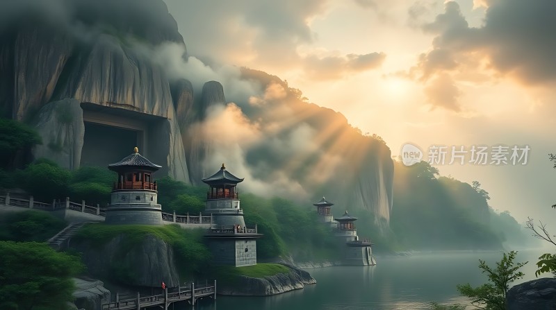 晨曦下的山水古建风光