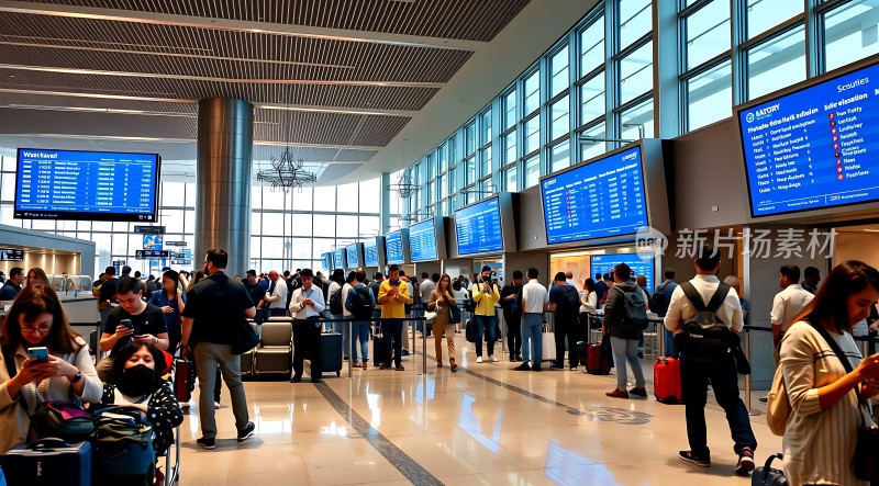 机场候机大厅旅客排队等待登机