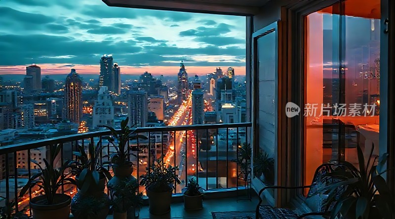 城市夜景下的温馨阳台