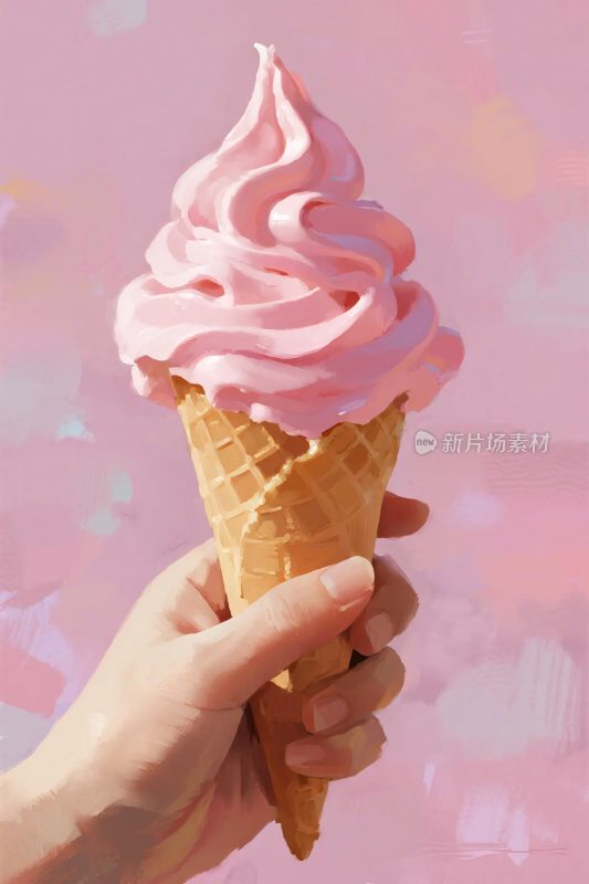 手持粉色冰淇淋甜筒