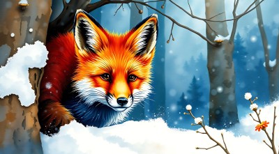 雪地红狐探出头