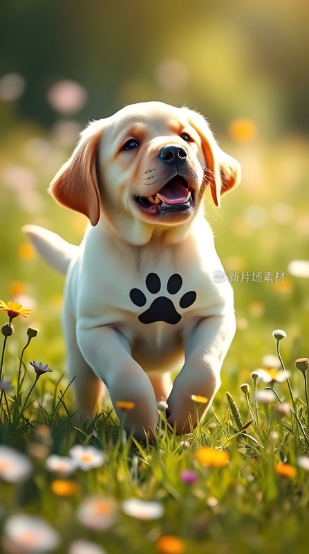 阳光下的快乐小狗在花丛中奔跑