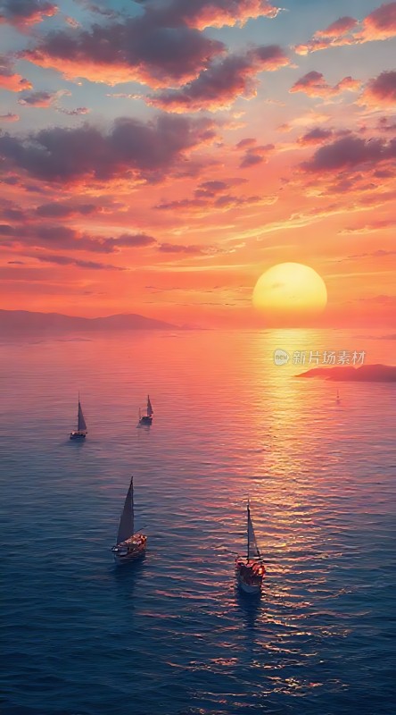 日落帆影映波光
