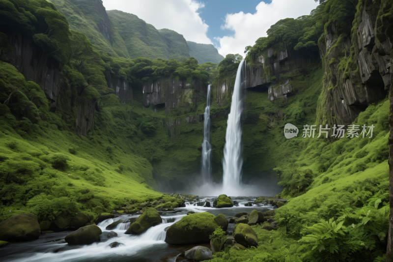 郁郁葱葱山谷中央一座瀑布风光风景图片