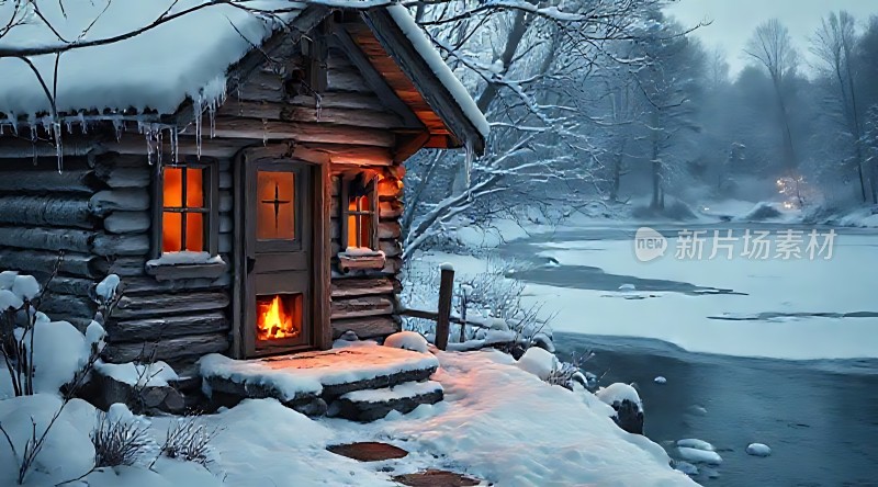 雪夜小木屋温馨 fireplace