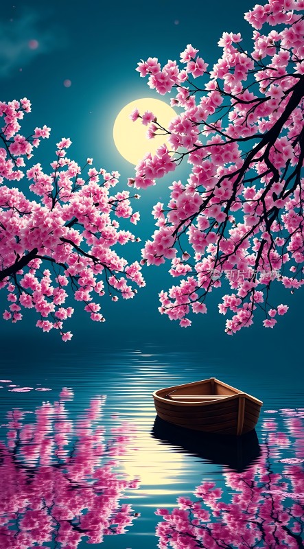 春夜月下樱花船
