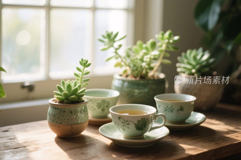 多肉植物与茶具窗台