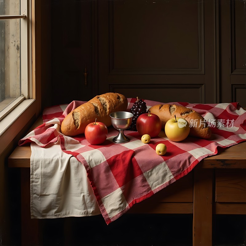 窗边静物面包、苹果与葡萄