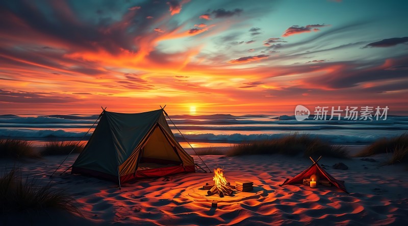 日落下的海滩露营