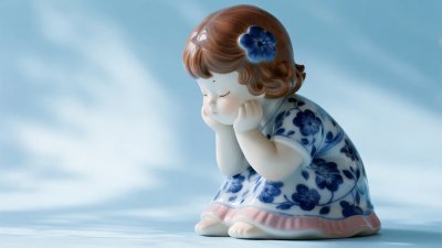 蓝白瓷制小女孩摆件
