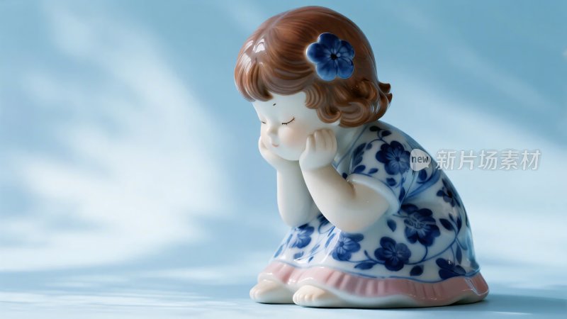 蓝白瓷制小女孩摆件
