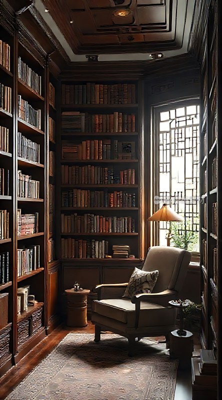 古色古香的书房书架、椅子和台灯