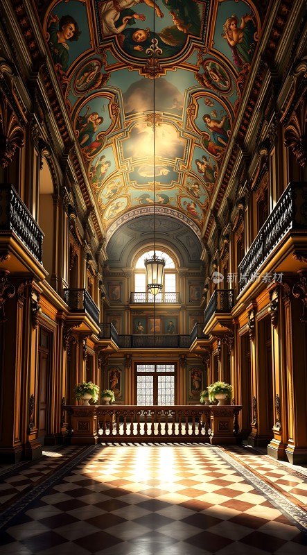 金色阳光下的宏伟大厅