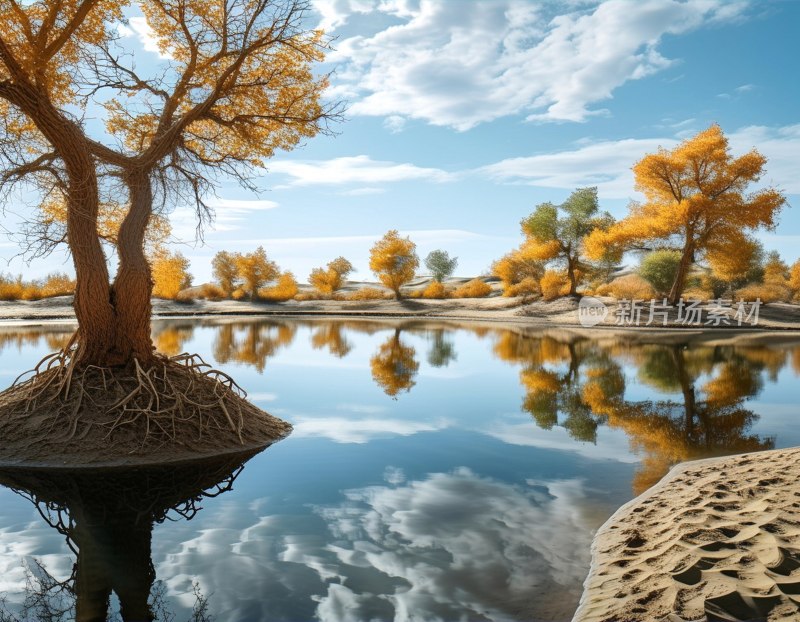 沙漠胡杨倒影秋色