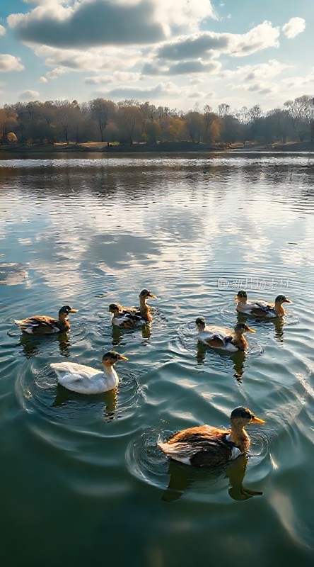 湖畔群鸭戏水图